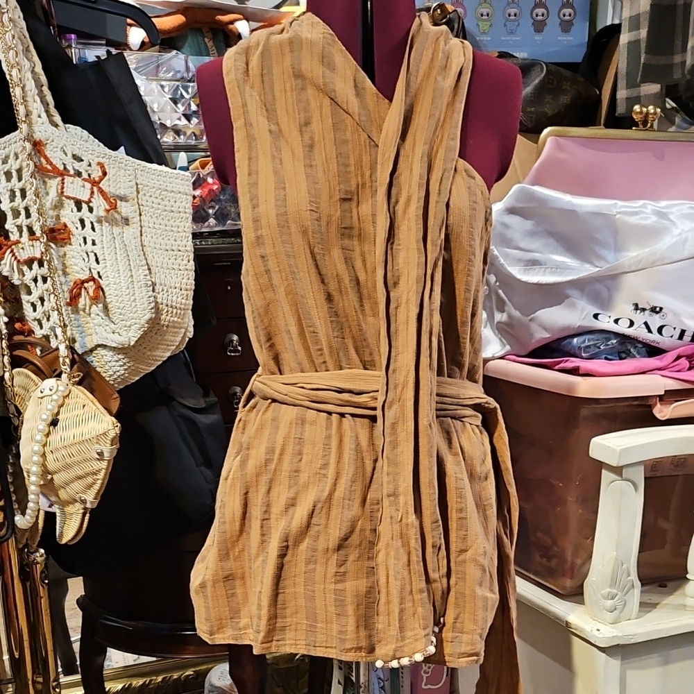 Zara Striped Tan Sleeveless Wrap Top M Nwt